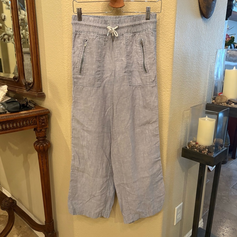 ATHLETA Women Light Blue 100% Linen Drawstring Wide Leg Pants Size 0-Minor Flaws